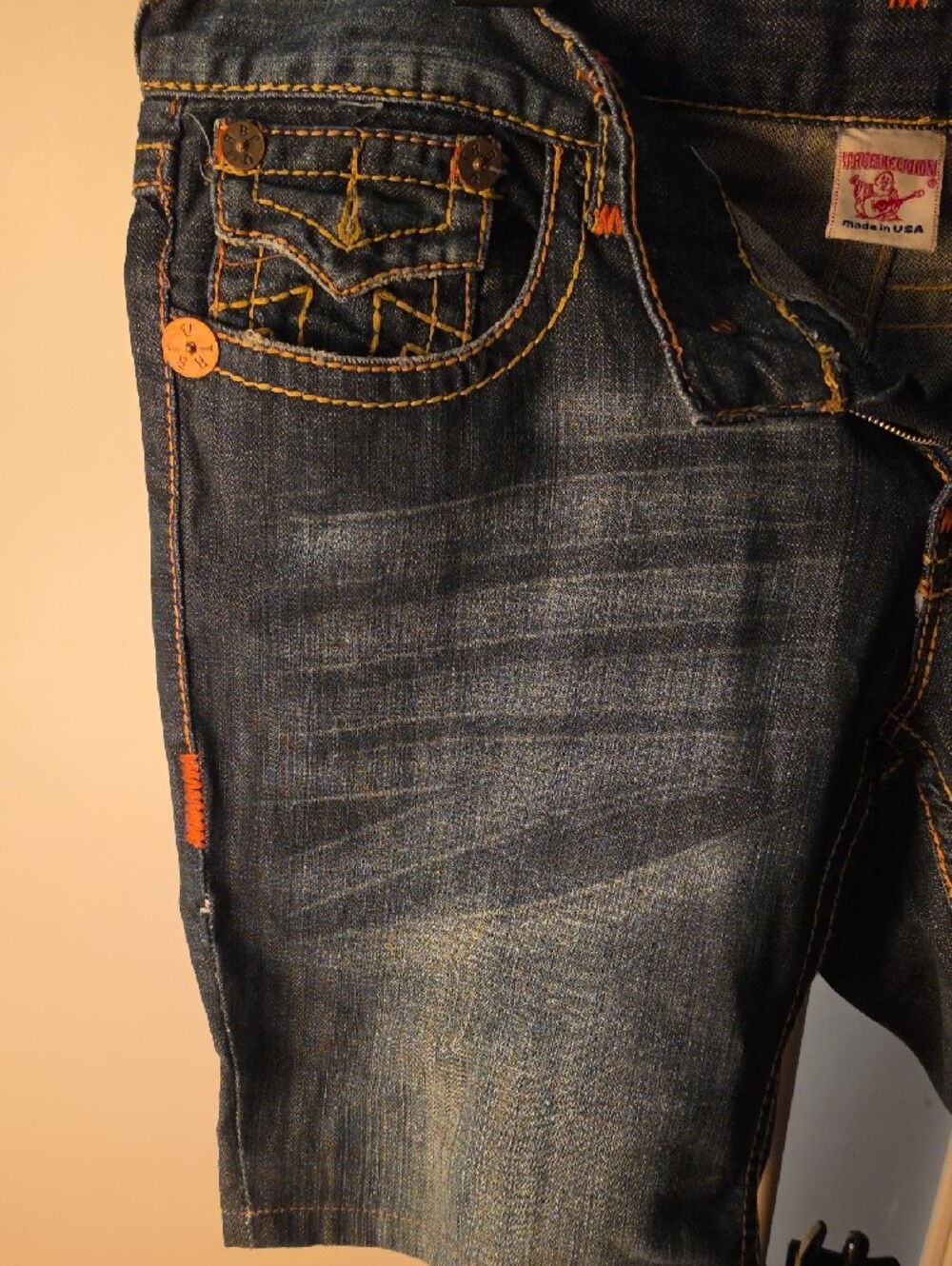 True Religion Dark Blue Denim Jean Shorts with Contrast Stitching - Picture 2 of 11